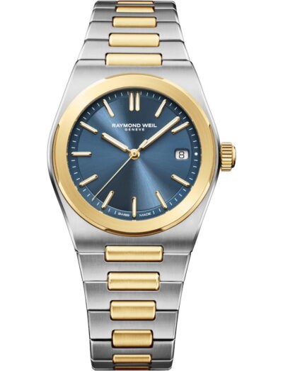 Raymond Weil A.R.T. wristwatch with stainless steel with yellow gold PVD plating case and bracelet, and metallic blue dial.