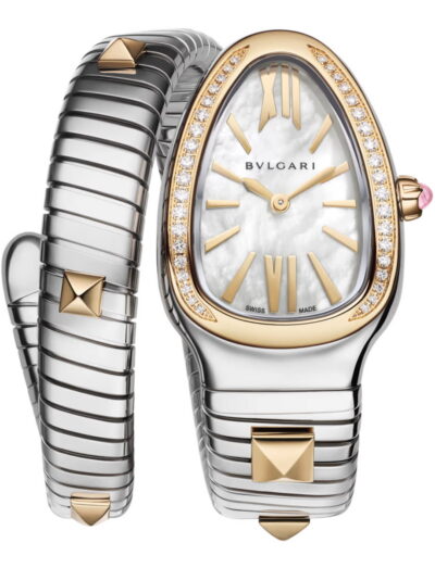 Bulgari Serpenti wristwatch with stainless steel and 18k yellow gold case and bracelet. and white mother-of-pearl dial.