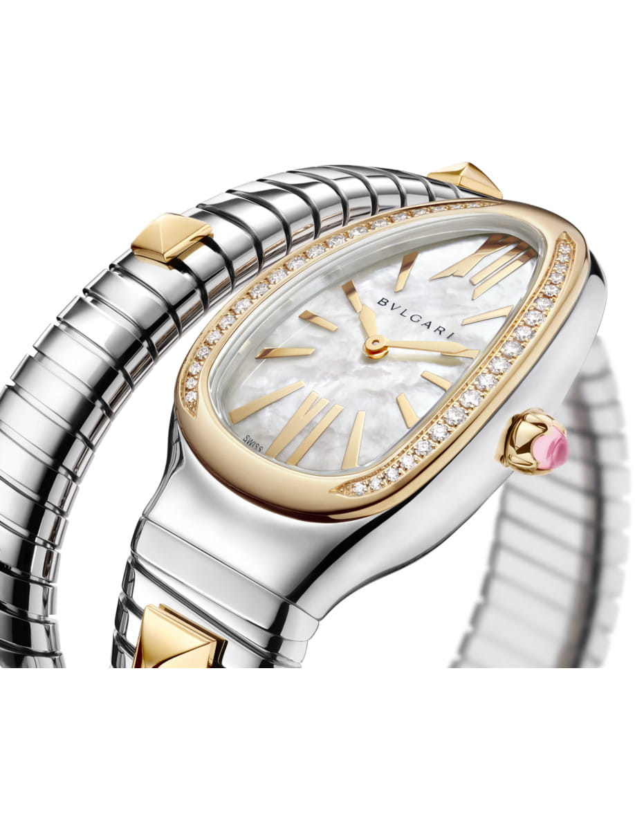 Side view of Bulgari Serpenti wristwatch with stainless steel and 18k yellow gold case and bracelet. and white mother-of-pearl dial.