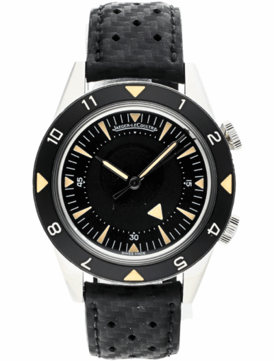 Pre-owned JLC Memovox Tribute to Deep Sea wristwatch with stainless steel case, rubber strap, and black dial.