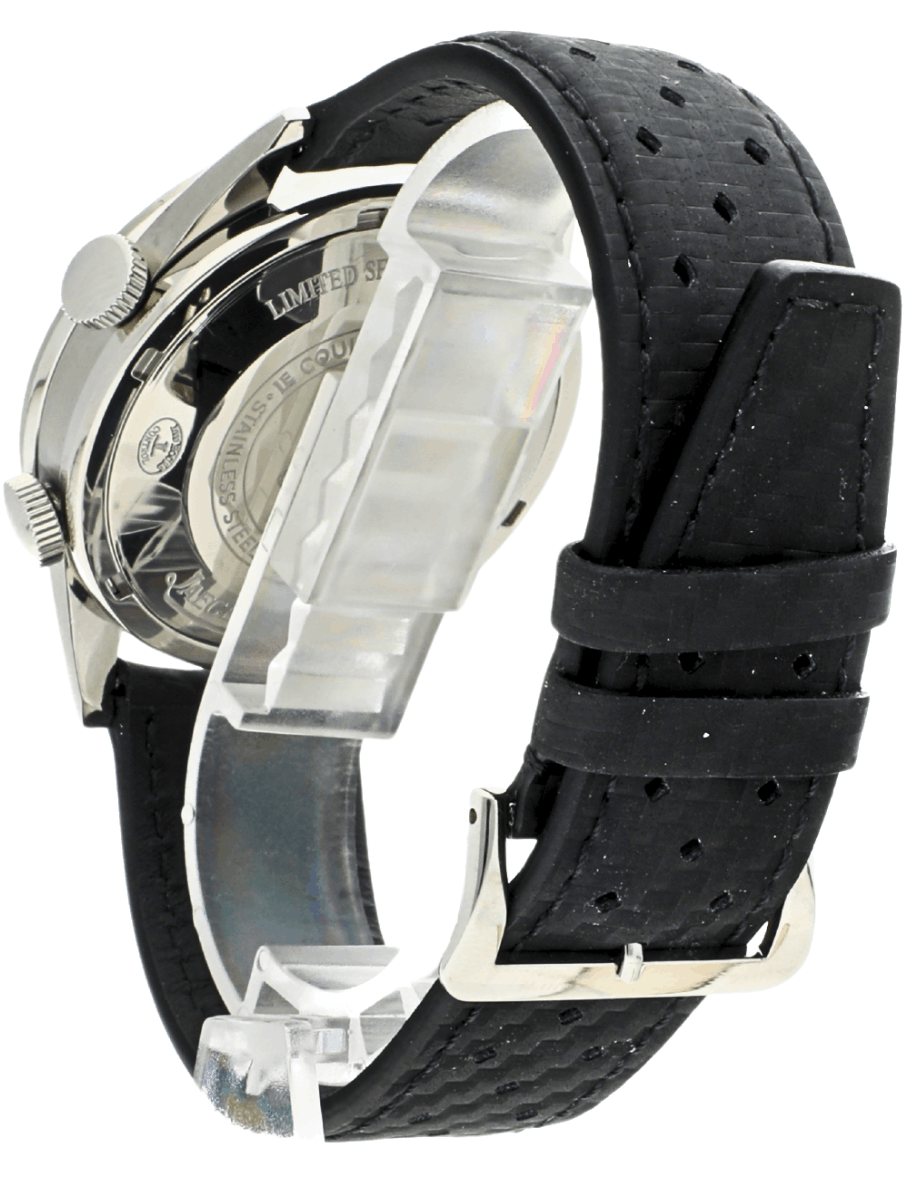 Back left view of Pre-owned JLC Memovox Tribute to Deep Sea wristwatch with stainless steel case, rubber strap, and black dial.