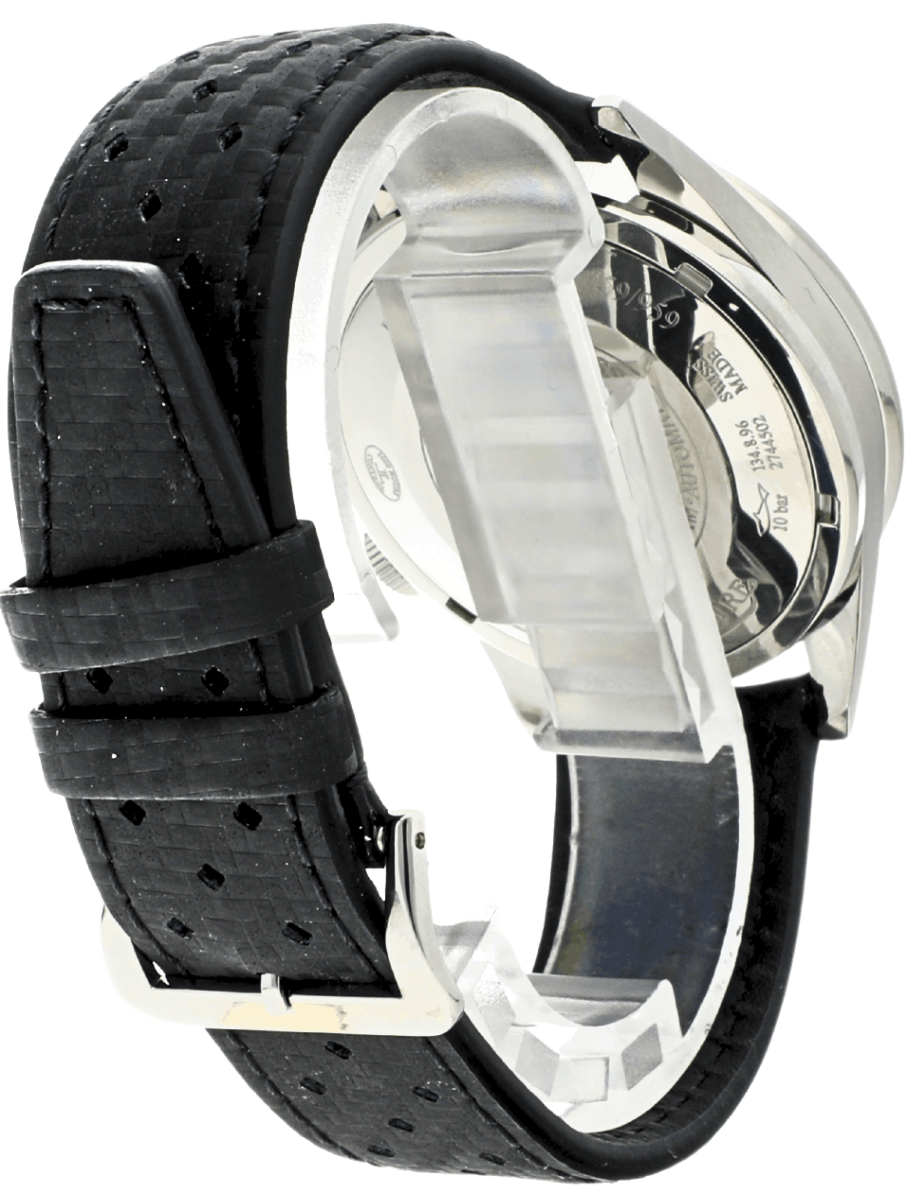 Back right view of Pre-owned JLC Memovox Tribute to Deep Sea wristwatch with stainless steel case, rubber strap, and black dial.
