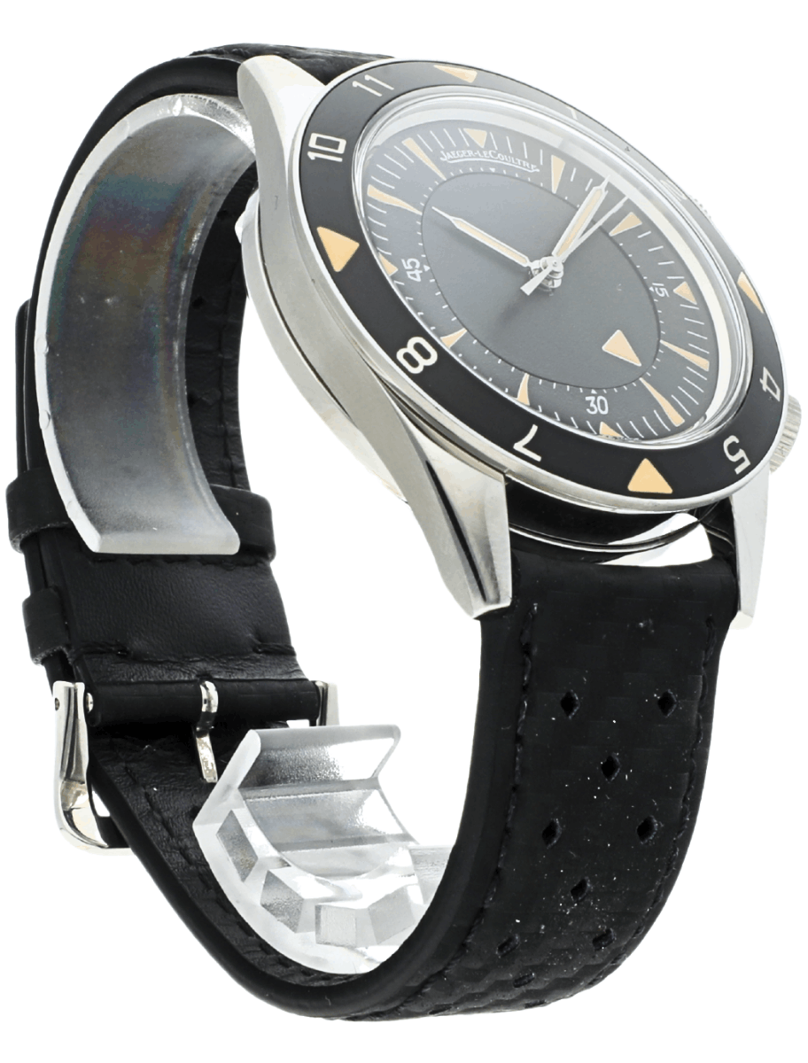 Front right view of Pre-owned JLC Memovox Tribute to Deep Sea wristwatch with stainless steel case, rubber strap, and black dial.