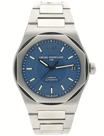 Pre-owned Girard Perregaux Laureato wristwatch with stainless steel case and bracelet, and blue dial.