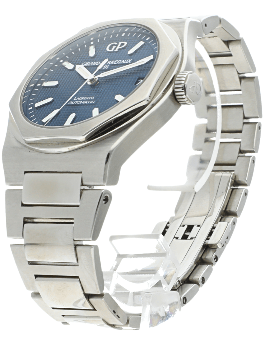 Front left side view of pre-owned Girard Perregaux Laureato wristwatch with stainless steel case and bracelet, and blue dial.