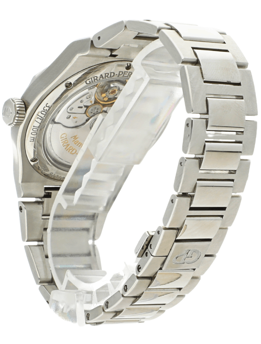 Back left side view of pre-owned Girard Perregaux Laureato wristwatch with stainless steel case and bracelet, and blue dial.