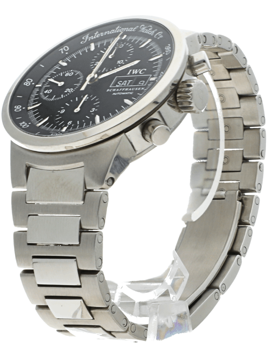 Silver chronograph wristwatch with a black dial, multiple subdials and a date window, mounted on a metallic bracelet.