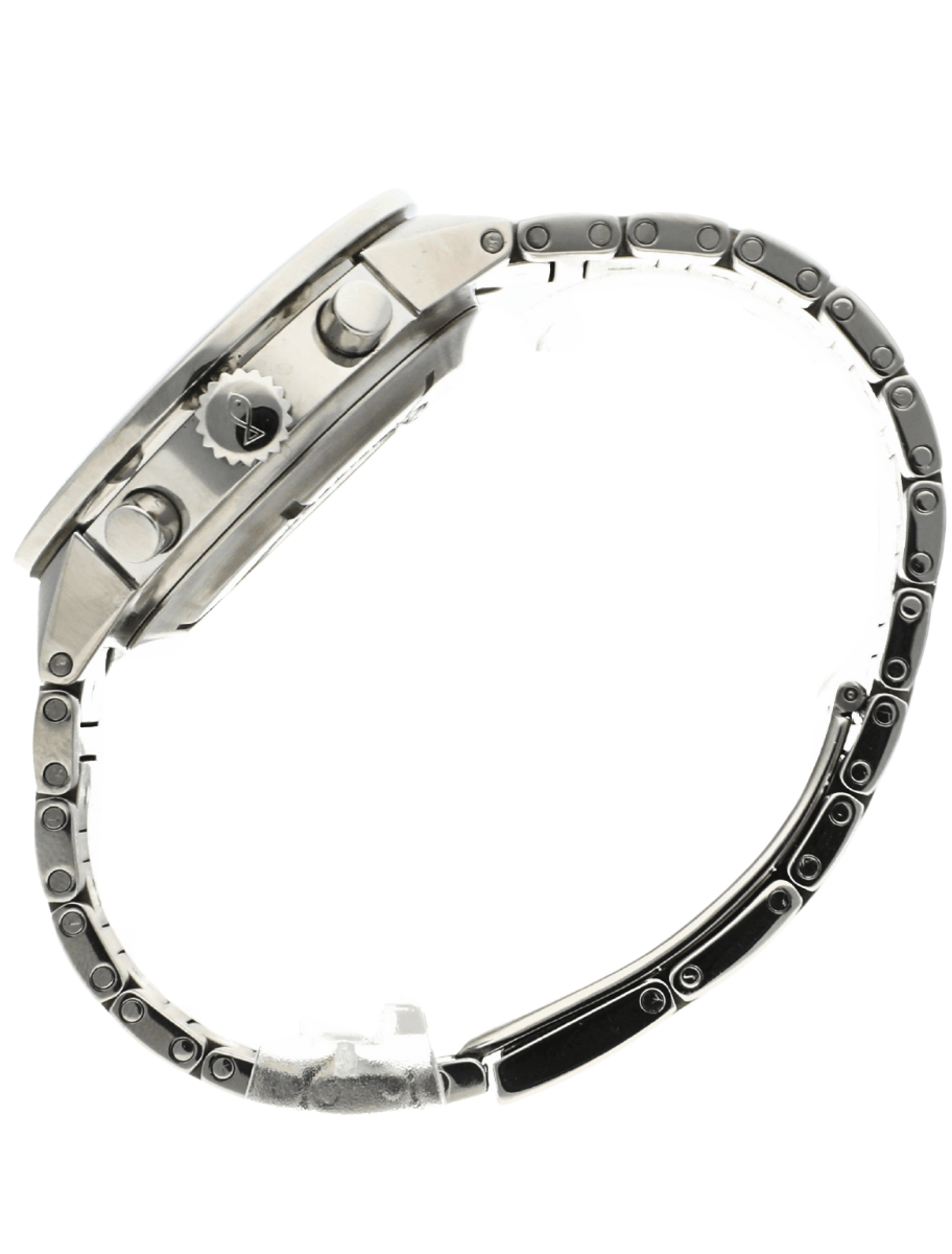 Left side view of Pre-owned IWC wristwatch with stainless steel case and bracelet, and black dial.
