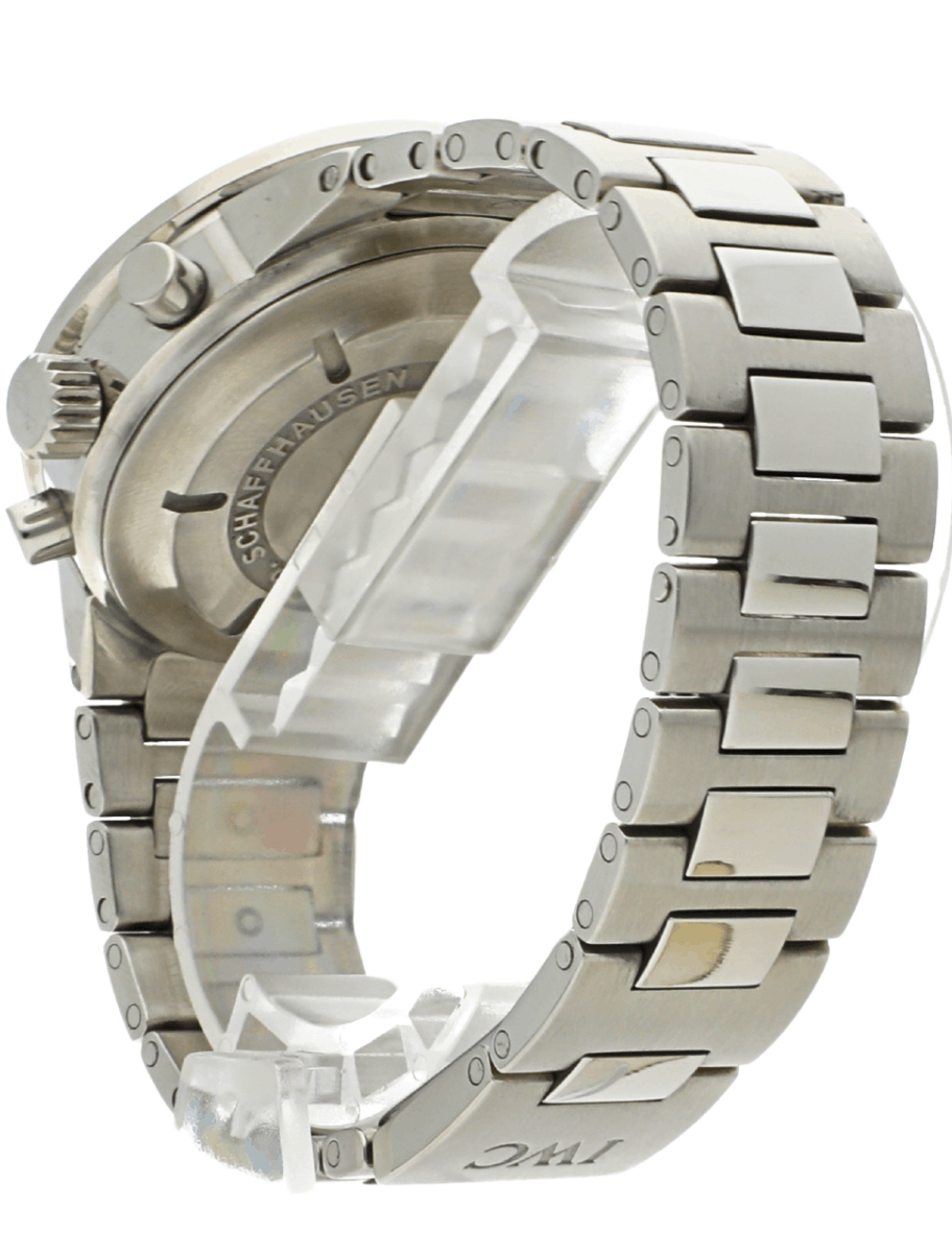Back left side view of Pre-owned IWC wristwatch with stainless steel case and bracelet, and black dial.
