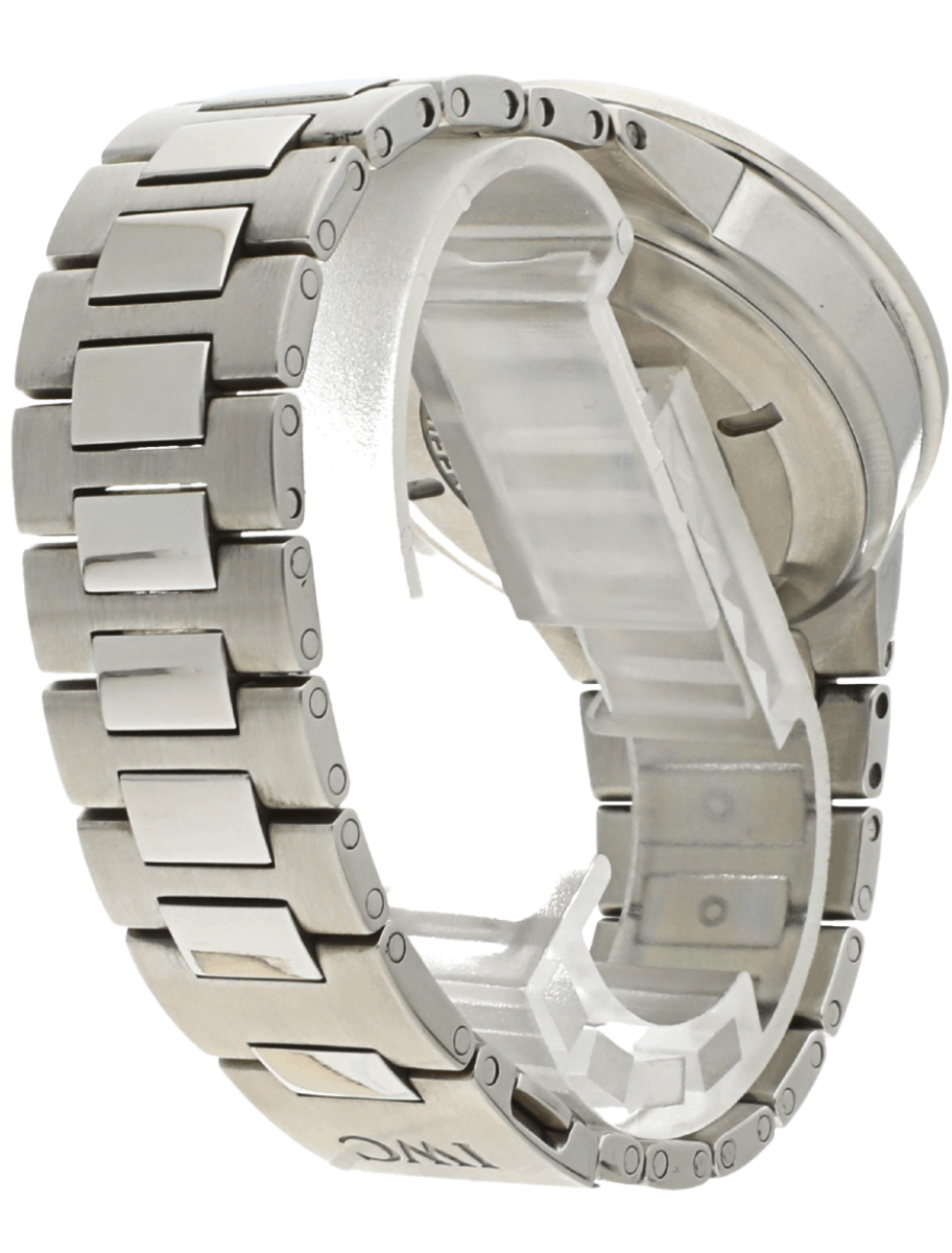Back right side view of Pre-owned IWC wristwatch with stainless steel case and bracelet, and black dial.