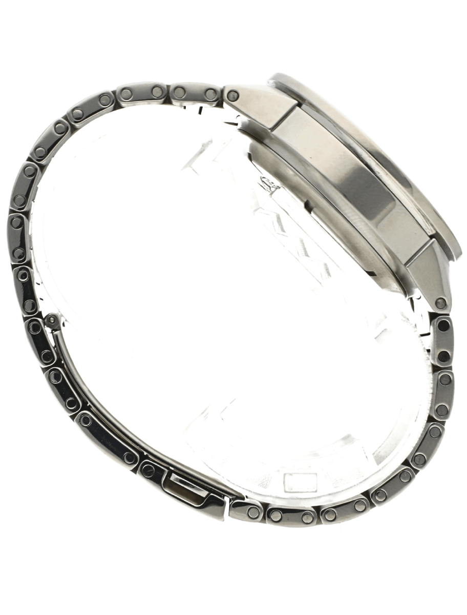 Right side view of Pre-owned IWC wristwatch with stainless steel case and bracelet, and black dial.