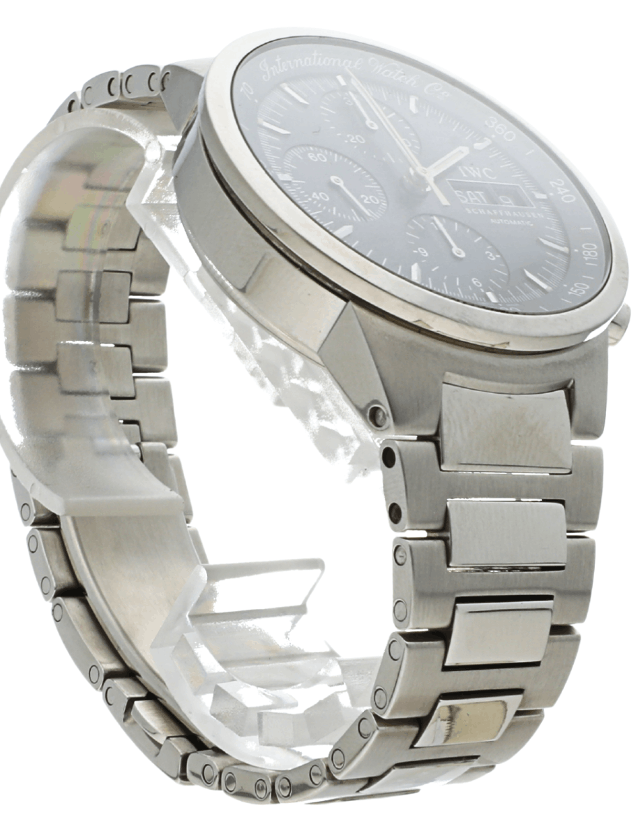 Front right side view of Pre-owned IWC wristwatch with stainless steel case and bracelet, and black dial.