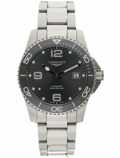 Pre-owned Longines Hydroconquest wristwatch with stainless steel case and bracelet, and sunray grey dial.