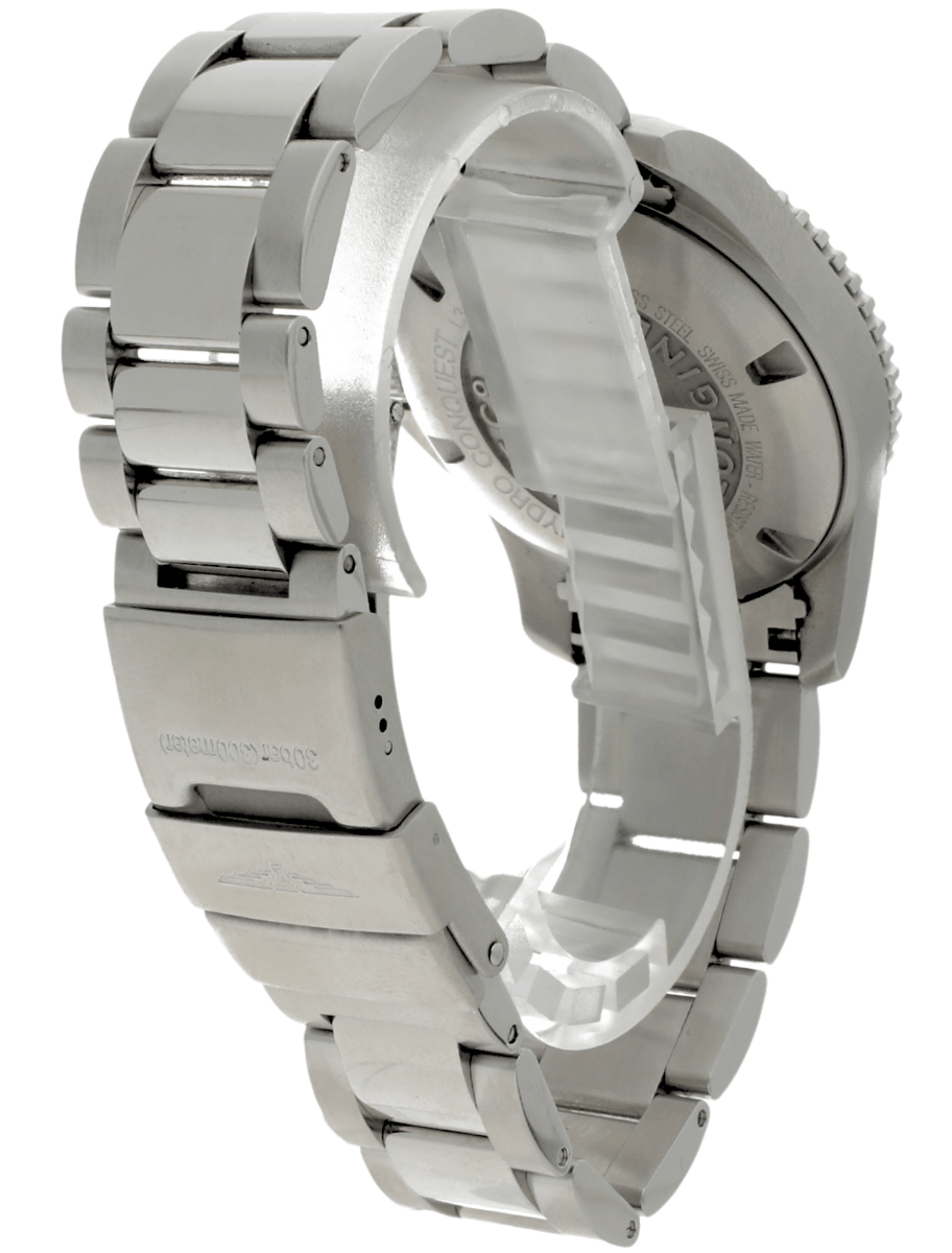 Back right view of Pre-owned Longines Hydroconquest wristwatch with stainless steel case and bracelet, and sunray grey dial.