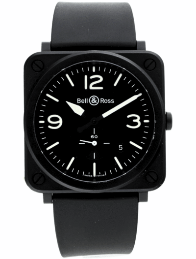 Pre-Owned Bell & Ross wristwatch with ceramic case, black dial, and black rubber strap.