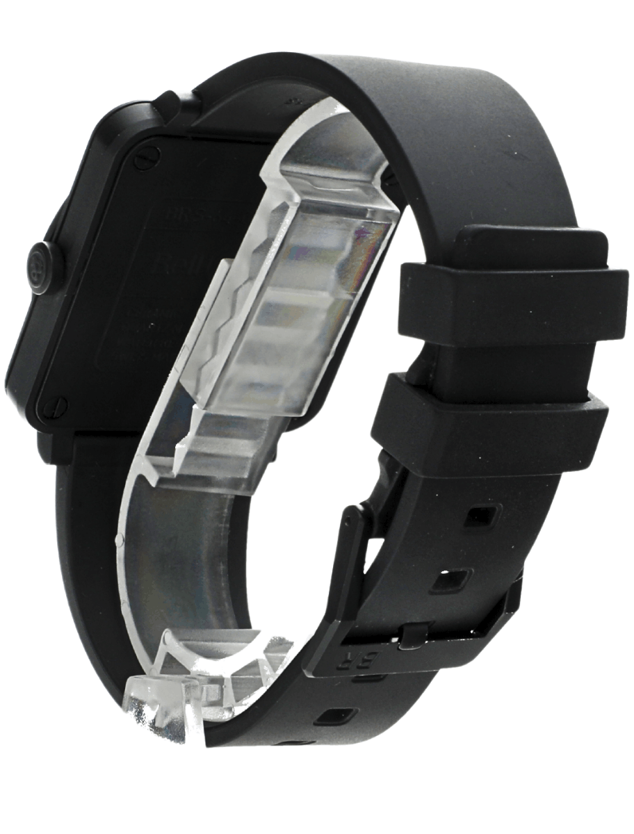 Back left view of pre-Owned Bell & Ross wristwatch with ceramic case, black dial, and black rubber strap.