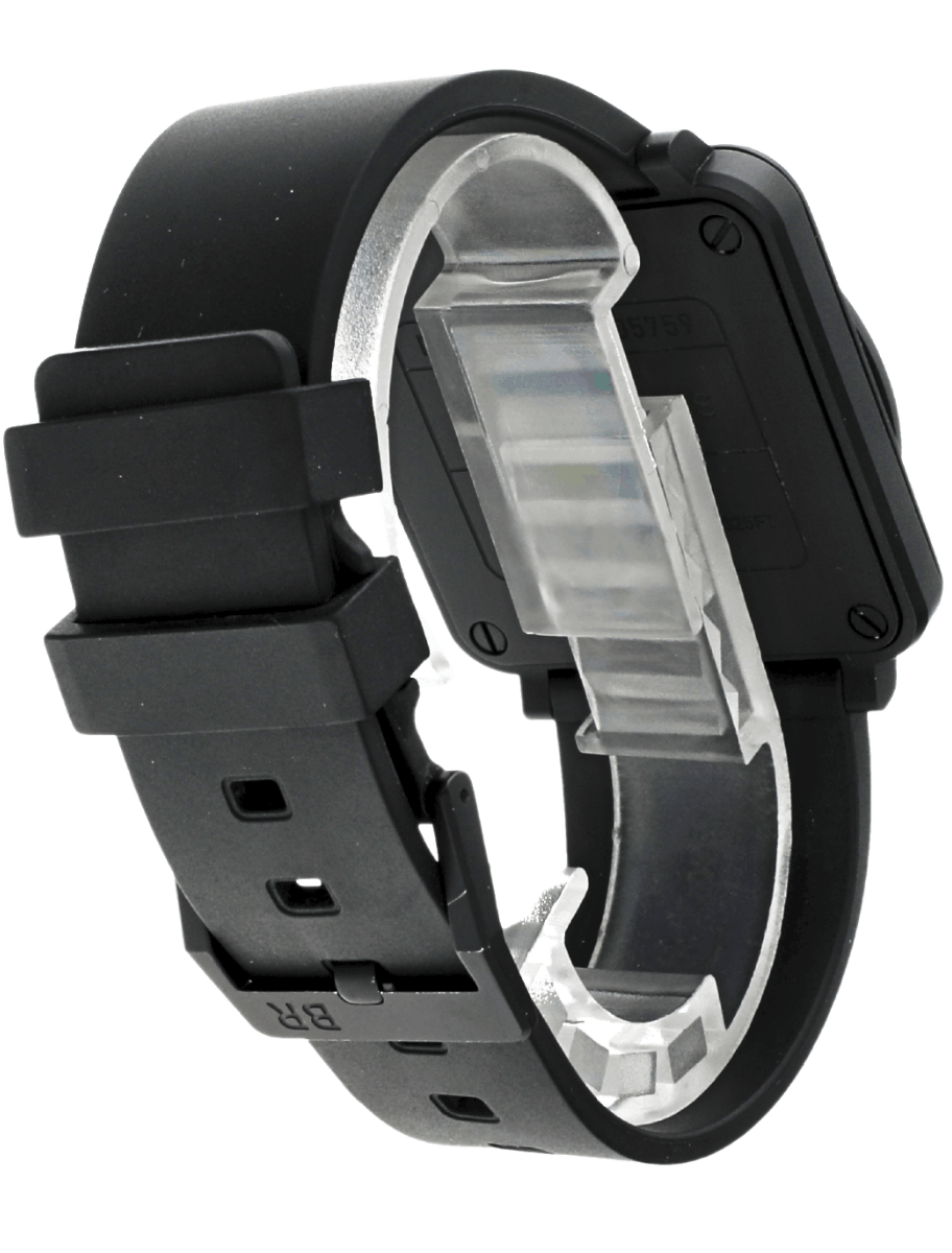Back right view of pre-Owned Bell & Ross wristwatch with ceramic case, black dial, and black rubber strap.