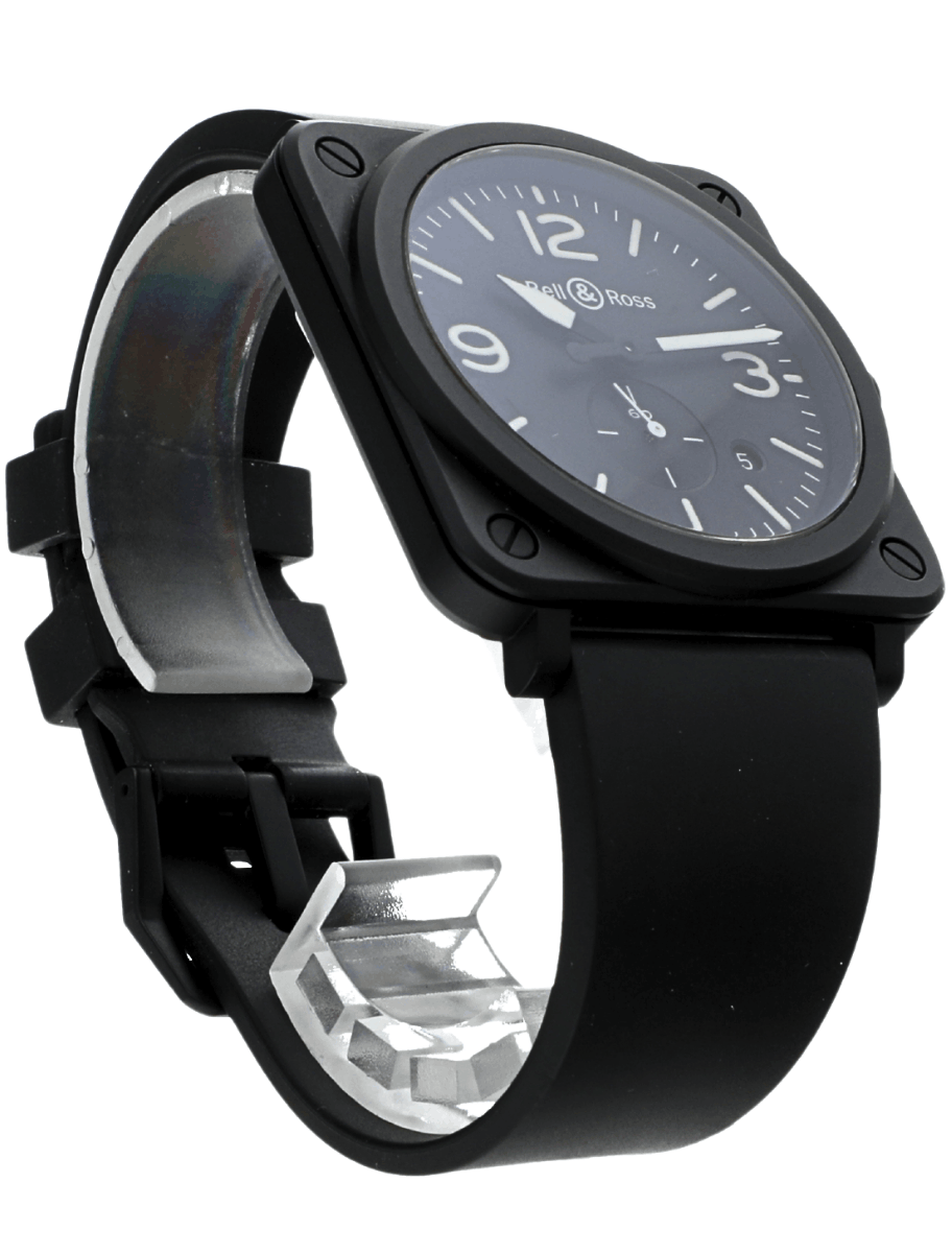 Front right view of pre-Owned Bell & Ross wristwatch with ceramic case, black dial, and black rubber strap.