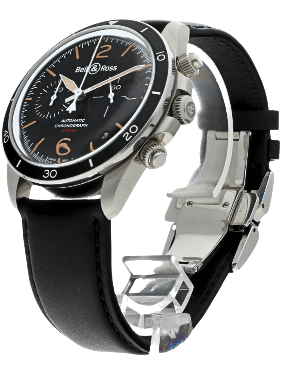 Front left view of pre-owned Bell and Ross wristwatch with stainless steel case, black dial, and black rubber strap.
