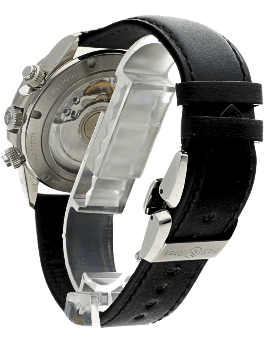 Back left view of pre-owned Bell and Ross wristwatch with stainless steel case, black dial, and black rubber strap.