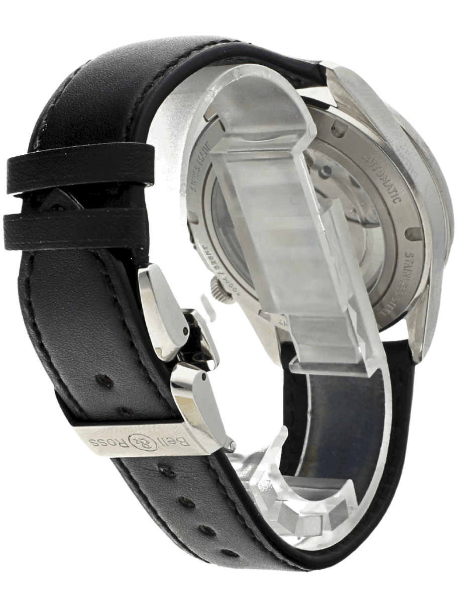 Back right view of pre-owned Bell and Ross wristwatch with stainless steel case, black dial, and black rubber strap.