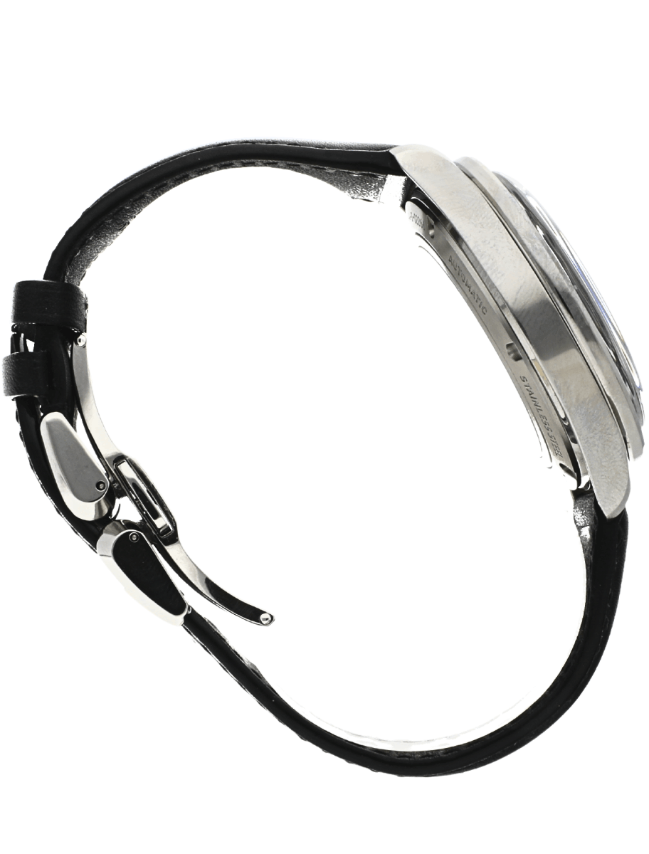 Right view of pre-owned Bell and Ross wristwatch with stainless steel case, black dial, and black rubber strap.