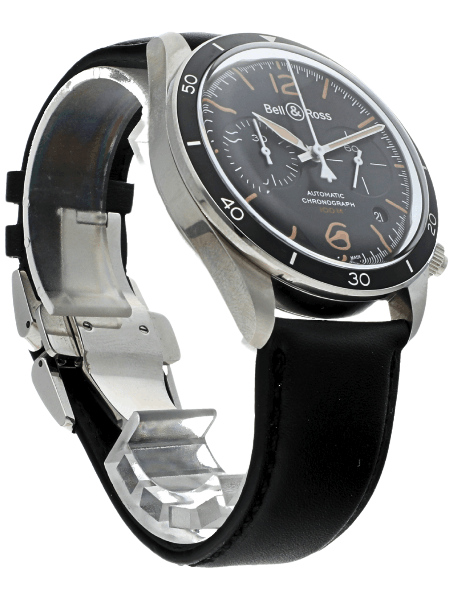 Front right view of pre-owned Bell and Ross wristwatch with stainless steel case, black dial, and black rubber strap.