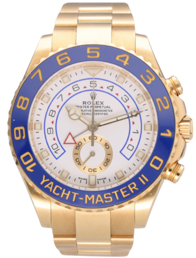 Gold Rolex Yacht-Master II wristwatch with a blue bezel, white dial, and chronograph subdial, featuring a gold bracelet and case