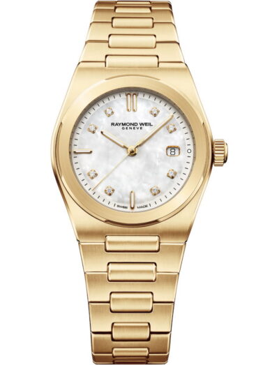 Raymond Weil A.R.T. wristwatch with stainless steel with yellow gold PVD plating, and white mother-of-pearl dial.