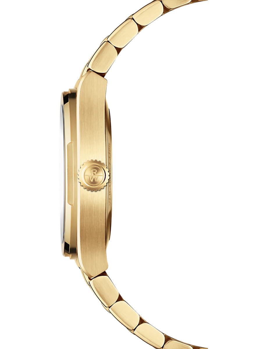 Side view of Raymond Weil A.R.T. wristwatch with stainless steel with yellow gold PVD plating, and white mother-of-pearl dial.