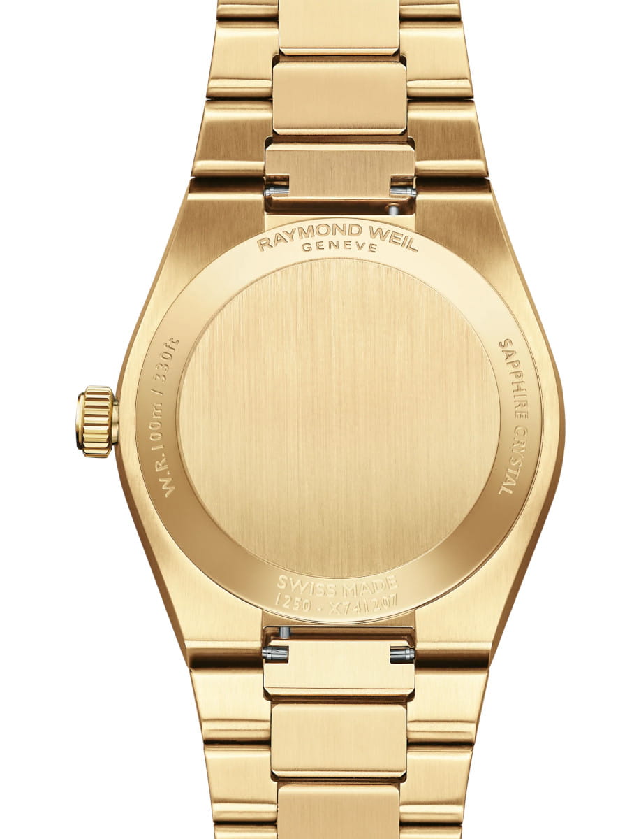 Back view of Raymond Weil A.R.T. wristwatch with stainless steel with yellow gold PVD plating, and white mother-of-pearl dial.