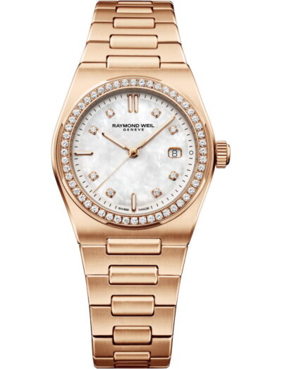 Raymond Weil A.R.T. wristwatch with stainless steel with rose gold PVD plating, and white mother-of-pearl dial.