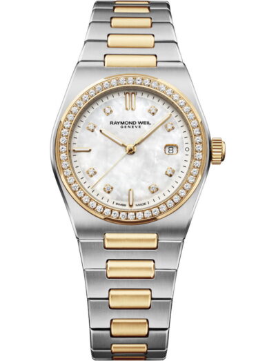 Raymond Weil A.R.T. wristwatch with stainless steel with yellow gold PVD plating, and white mother-of-pearl dial.