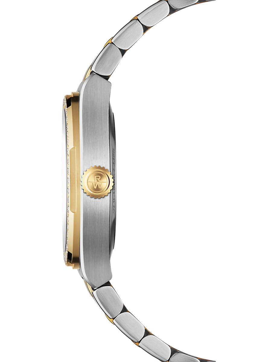 Side view of Raymond Weil A.R.T. wristwatch with stainless steel with yellow gold PVD plating, and white mother-of-pearl dial.