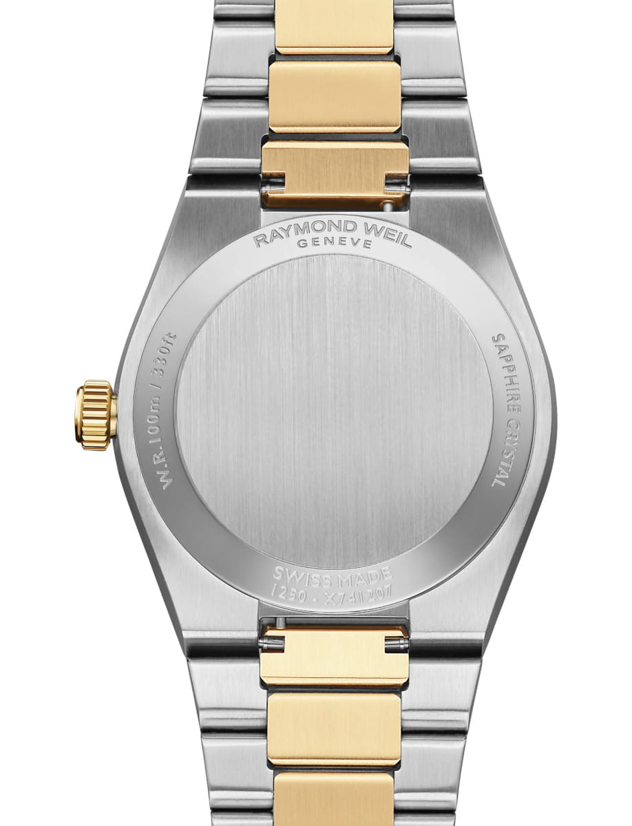 Back view of Raymond Weil A.R.T. wristwatch with stainless steel with yellow gold PVD plating, and white mother-of-pearl dial.