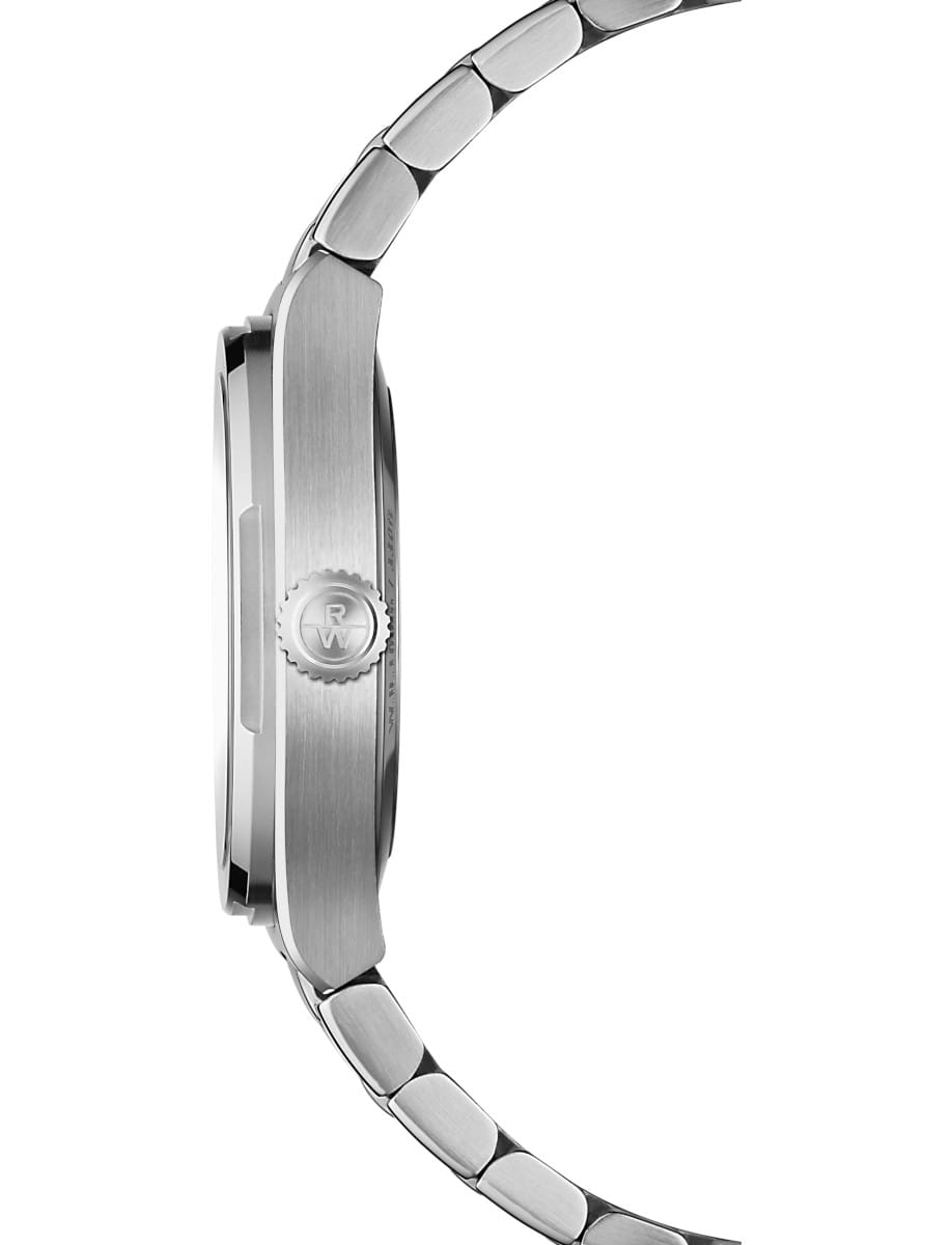 Side view of Raymond Weil A.R.T. wristwatch with stainless steel case and bracelet, and sage green dial.