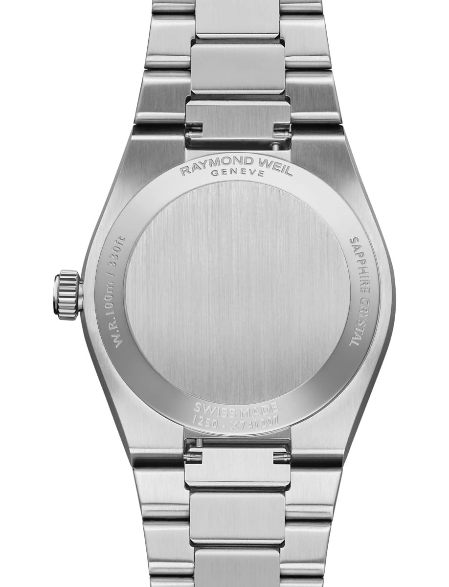 Back view of Raymond Weil A.R.T. wristwatch with stainless steel case and bracelet, and sage green dial.