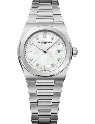 Raymond Weil A.R.T. wristwatch with stainless steel case and bracelet, and white mother-of-pearl dial.