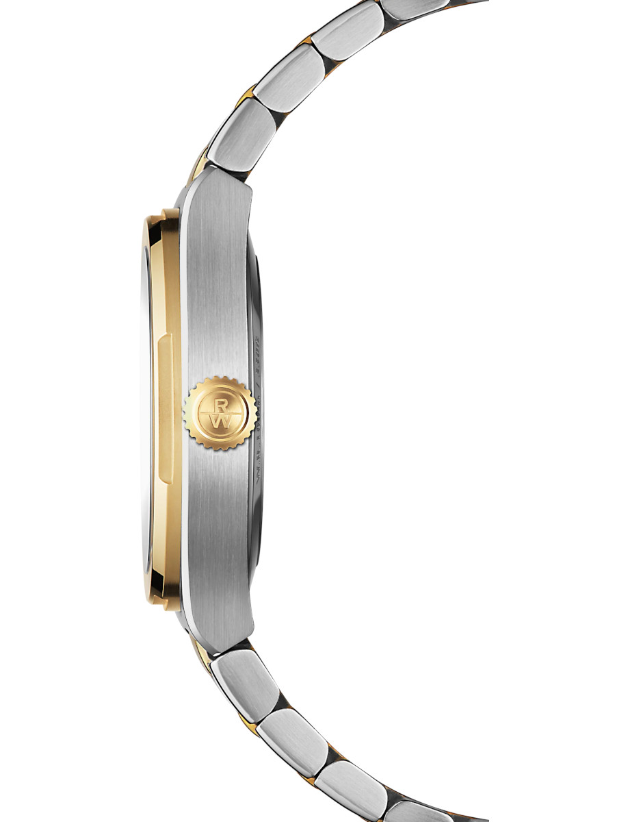 Side view of Raymond Weil A.R.T. wristwatch with stainless steel with yellow gold PVD plating, and white mother-of-pearl dial.