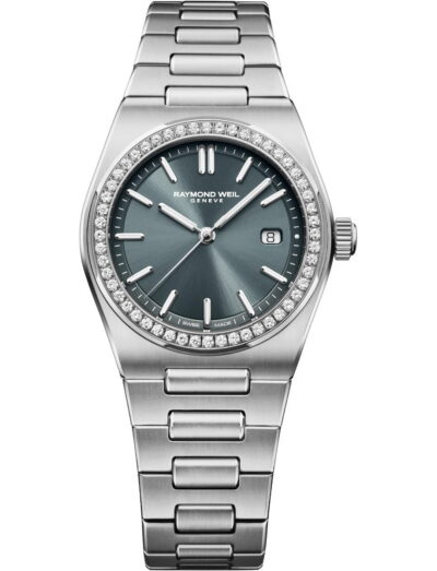 Raymond Weil A.R.T. wristwatch with stainless steel case and bracelet, and charcoal blue dial.