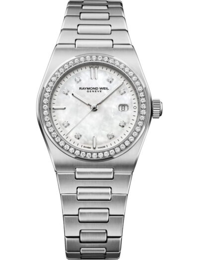 Raymond Weil A.R.T. wristwatch with stainless steel case and bracelet, and white mother-of-pearl dial.