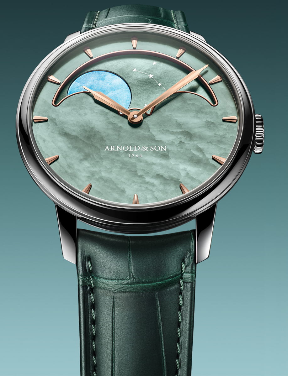 Front view of Arnold&Son Perpetual Moon wristwatch with stainless steel case, green dial, and green alligator leather.