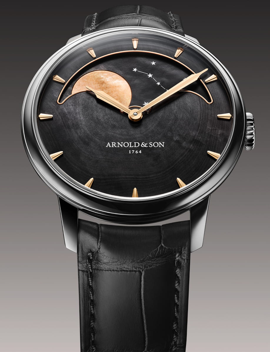 Front view of Arnold&Son Perpetual Moon wristwatch with stainless steel case, black dial, and black alligator leather.