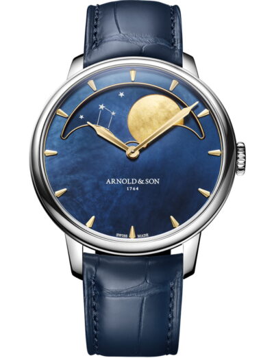 Arnold&Son Perpetual Moon wristwatch with stainless steel case, blue dial, and blue alligator leather.