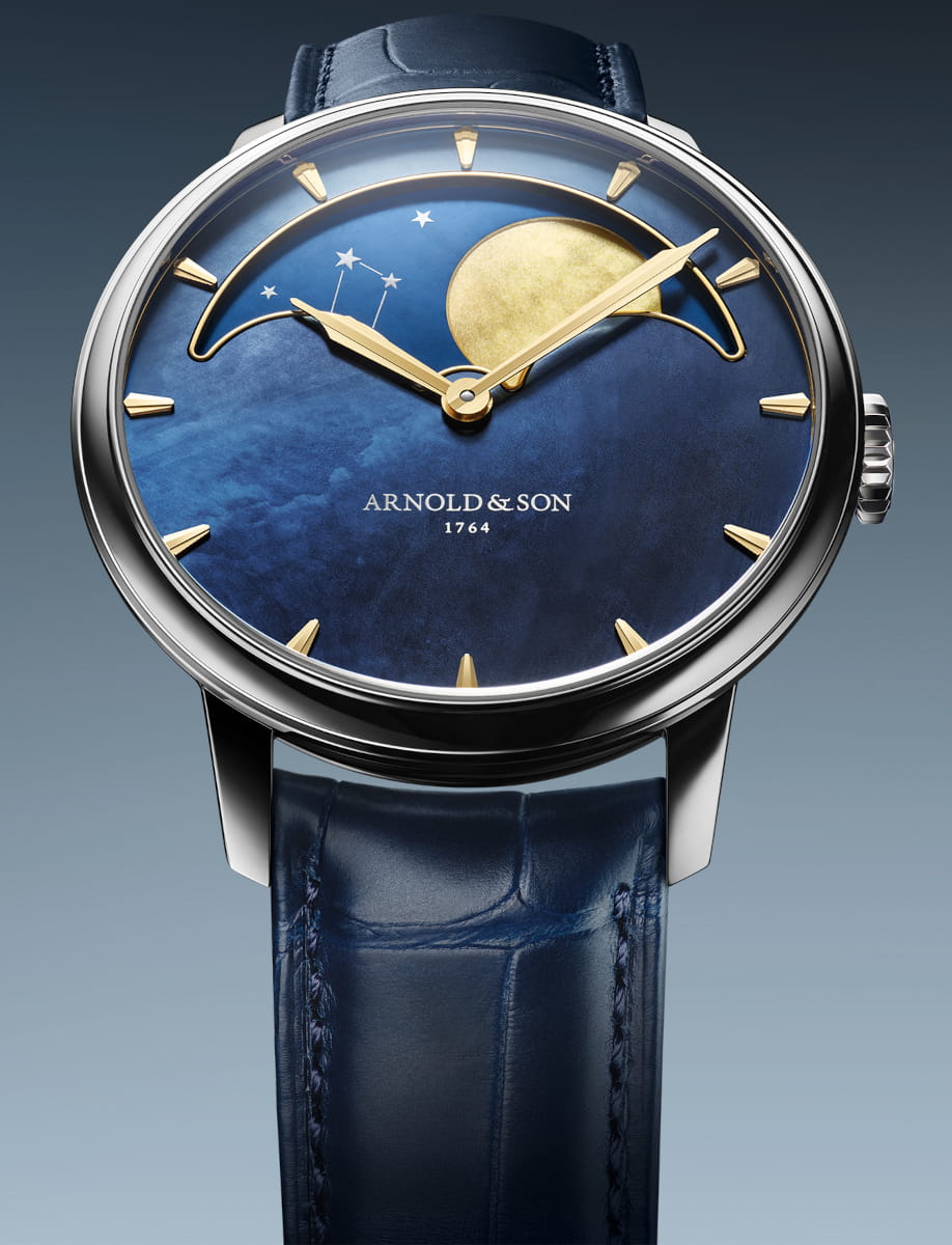 Front view of Arnold&Son Perpetual Moon wristwatch with stainless steel case, blue dial, and blue alligator leather.