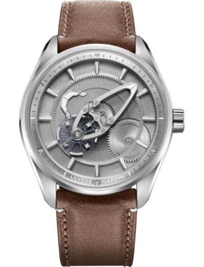 Ulysse Nardin Freak X wristwatch with stainless steel case, silver dial, and brown calf leather strap.