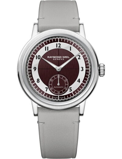 Raymond Weil Millesime wristwatch with stainless steel case, red grape and shiny white dial, and beige genuine calf leather.