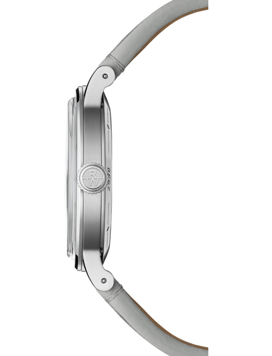 Side view of Raymond Weil Millesime wristwatch with stainless steel case, red grape and shiny white dial, and beige genuine calf leather.
