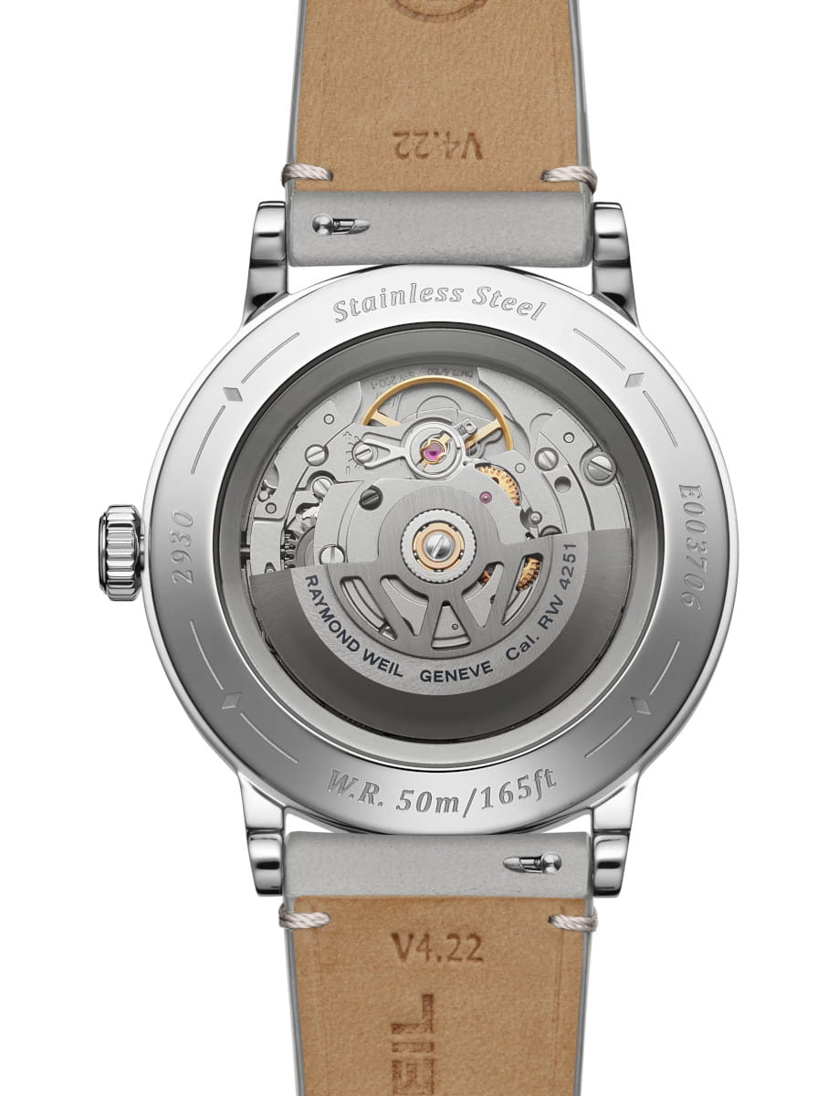 Back view of Raymond Weil Millesime wristwatch with stainless steel case, open case back, and beige genuine calf leather.
