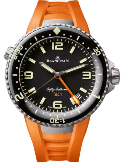 Blancpain Fifty Fathoms wristwatch with titanium case, black dial, and orange rubber strap.